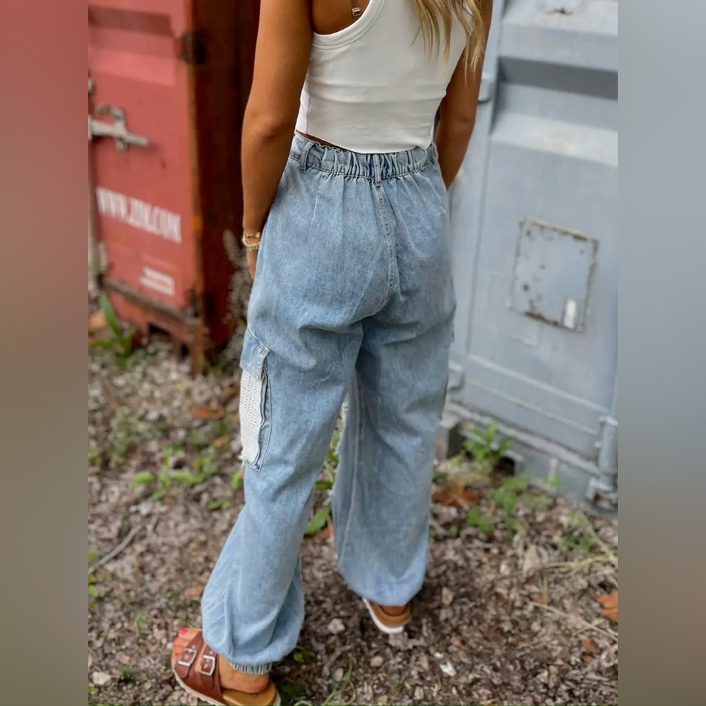 POL Light Blue Lace Patchwork Boyfriend Jeans - Picture 6 of 10